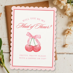 Coquette Bow Chic Cherry Maid of Honor Proposal Invitation