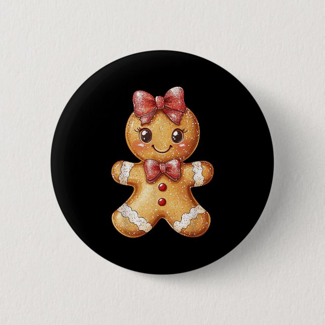 Coquette Bow Christmas Girly Gingerbread Cookie Ba Button (Front)