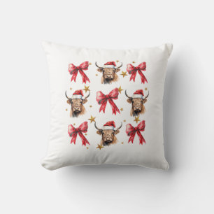 Coquette Bow Christmas Highland Cow Santa Cute Xma Throw Pillow