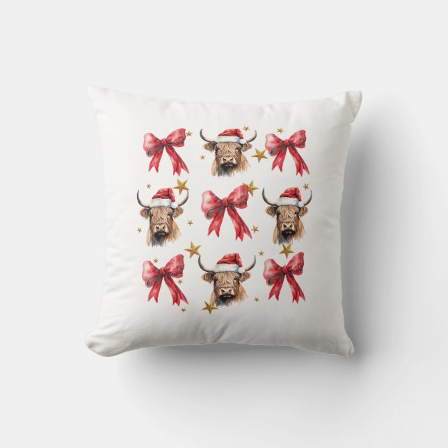 Coquette Bow Christmas Highland Cow Santa Cute Xma Throw Pillow (Front)