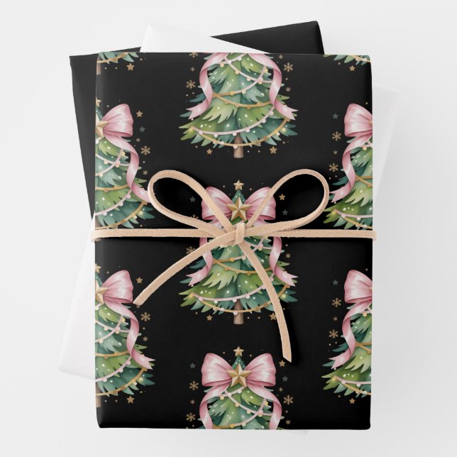 Coquette Bow Christmas Tree Holiday Girly Cute Wrapping Paper Sheets (In situ)