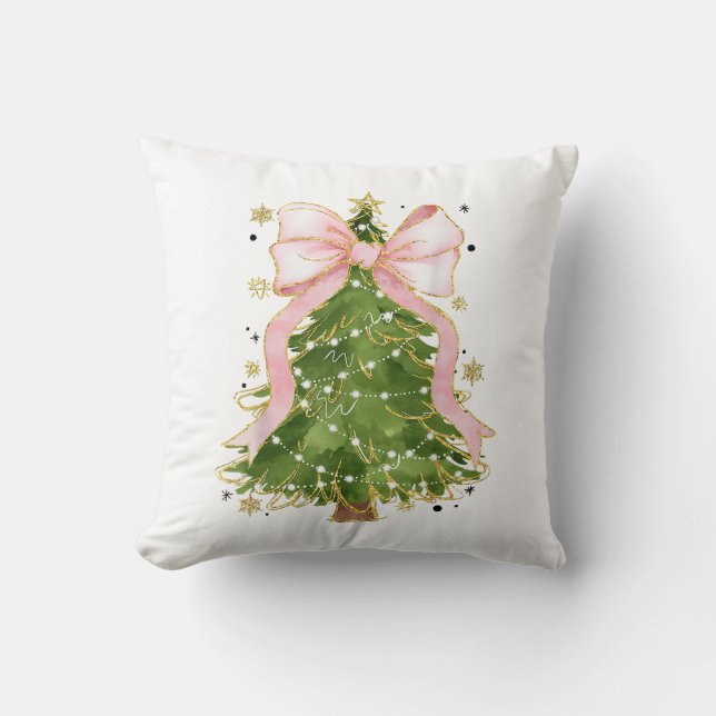 Coquette Bow Christmas Tree Holiday Girly Outfit W Throw Pillow (Front)