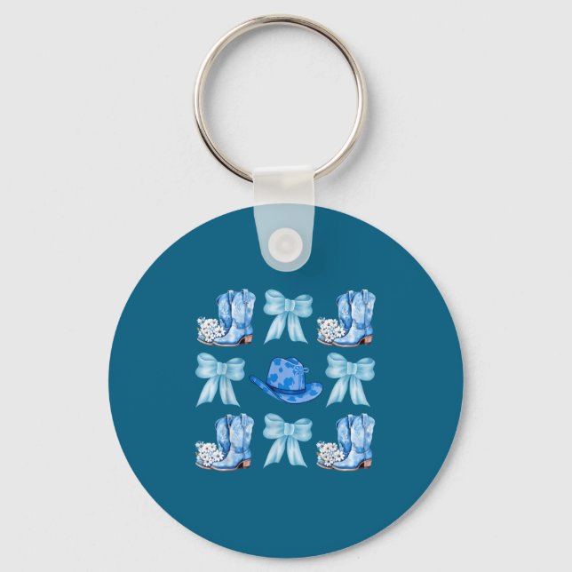 Coquette Bow Cowgirl Boots Blue Bows Hat Western R Keychain (Front)