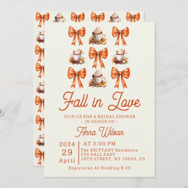 Coquette bow fall in Love Coffee Orange Editable  Invitation (Front/Back)