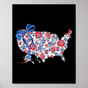 Coquette Bow Floral America Map 4th Of July Indepe Poster