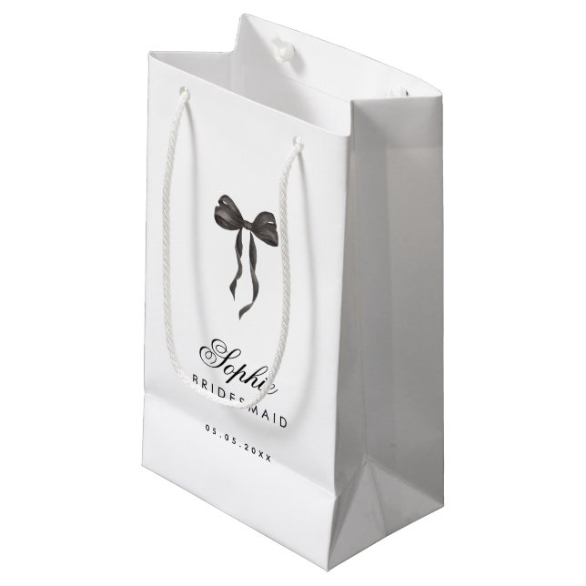 Coquette Bow French Stylish Bridesmaid Name Small Gift Bag (Front Angled)