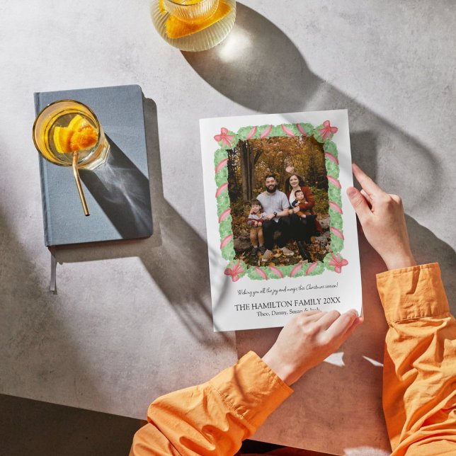 Coquette Bow Garland Christmas Photo Card  (Creator Uploaded)