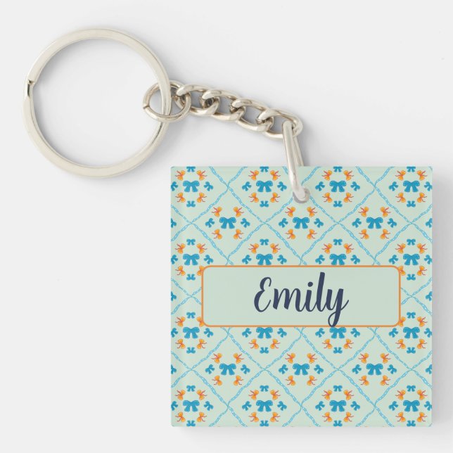 Coquette Bow Geometric Tile Soft Mint Lime Keychain (Front)