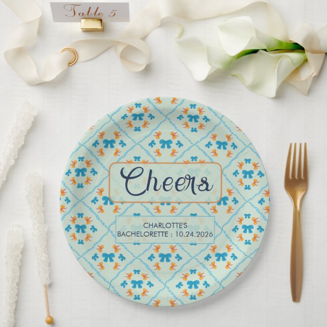 Coquette Bow Geometric Tile Soft Mint Lime Paper Plates (Wedding)