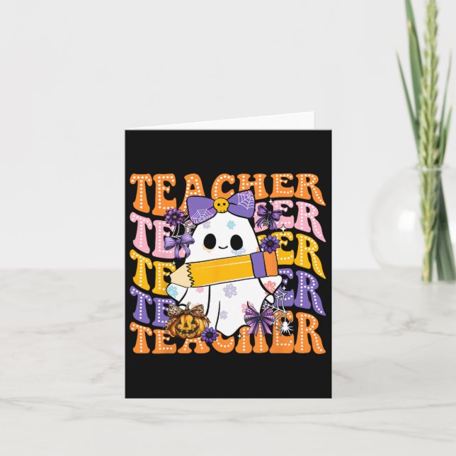 Coquette Bow Ghost Spooky Teacher Halloween Spooky Card (Front)