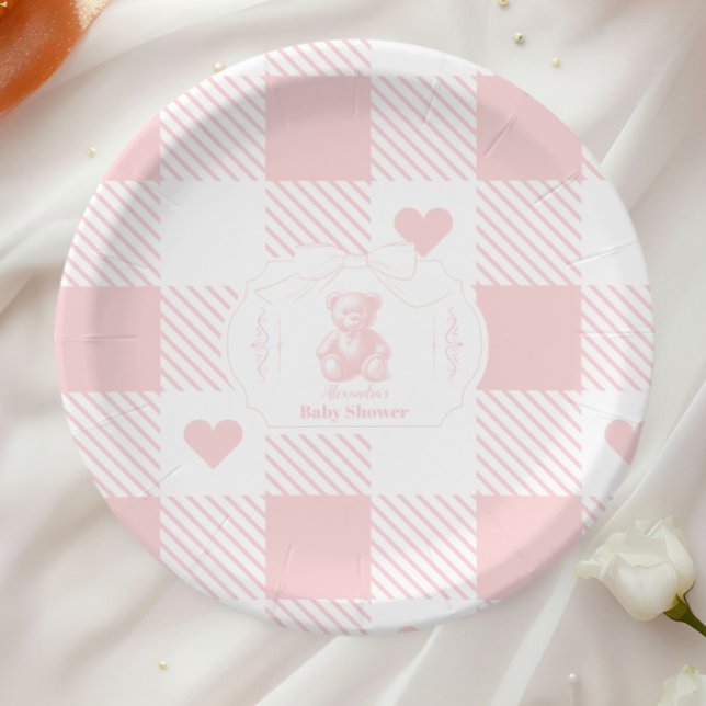 Coquette Bow Gingham French Teddy Bear Baby Shower Paper Plates (Creator Uploaded)