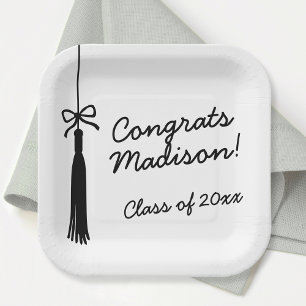Coquette Bow Grad Tassel Black & White Graduation Paper Plates