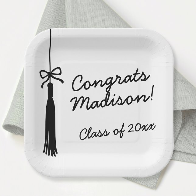 Coquette Bow Grad Tassel Black & White Graduation Paper Plates (Coquette Bow Grad Tassel Black & White Graduation Paper Plates)
