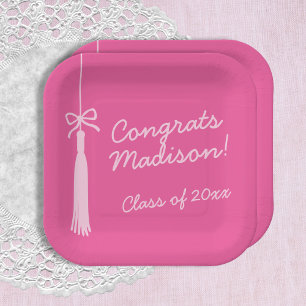 Coquette Bow Grad Tassel Pink 2026 Graduation Paper Plates