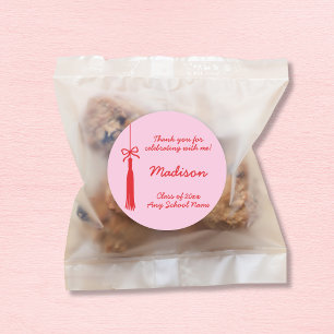 Coquette Bow Grad Tassel Pink & Red Graduation Classic Round Sticker
