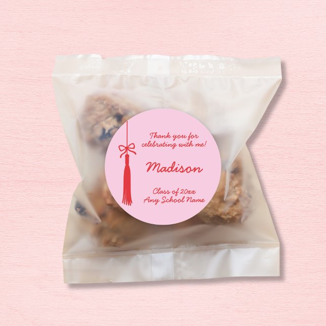 Coquette Bow Grad Tassel Pink & Red Graduation Classic Round Sticker (Coquette Bow Grad Tassel Pink Red 2025 Graduation Classic Round Sticker)