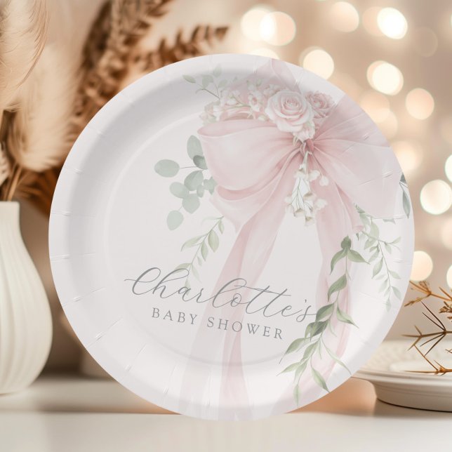 Coquette Bow Greenery Baby in bloom baby Shower Paper Plates (Creator Uploaded)