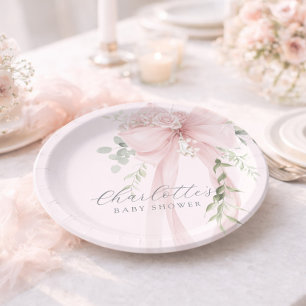 Coquette Bow Greenery Baby in bloom baby Shower Paper Plates