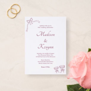 Coquette Bow Hand Drawn Personalized Wedding Letterpress Photo Cards