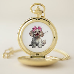 Coquette Bow Havanese Dog Mom Girl Pink Pocket Watch