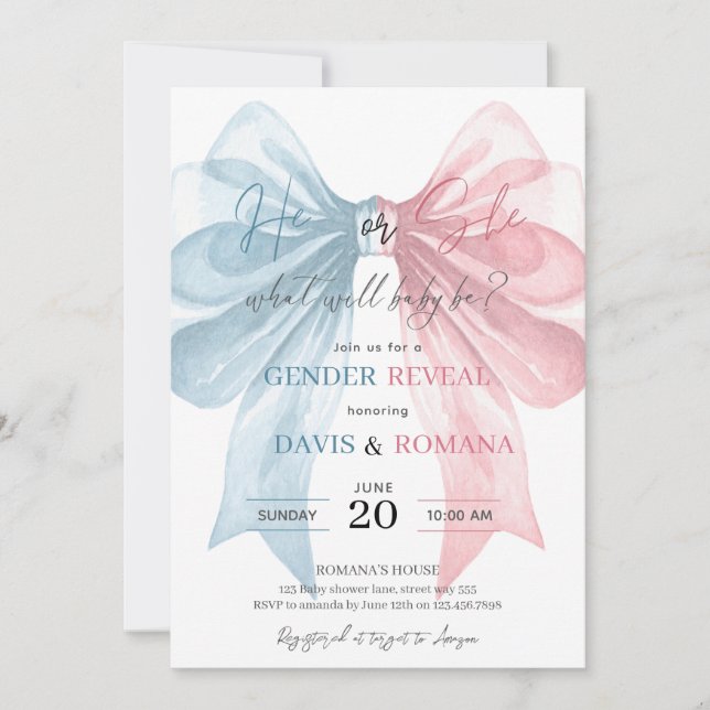 Coquette Bow He or She Gender Reveal Invitation (Front)