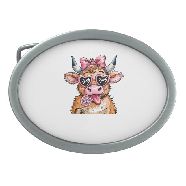 Coquette Bow Highland Cow Valentine Heart Glasses  Belt Buckle (Front)