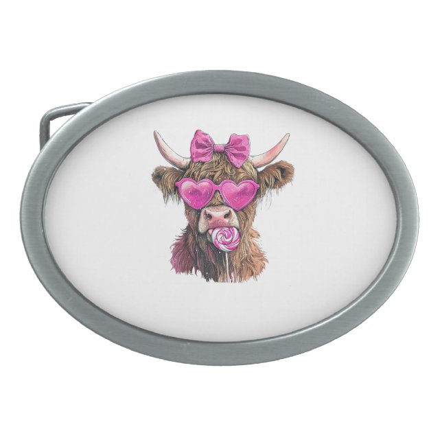 Coquette Bow Highland Cow Valentine Heart Glasses  Belt Buckle (Front)
