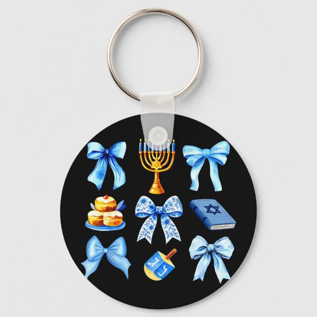 Coquette Bow Jewish Holiday Chanukah Hanukkah Meno Keychain (Front)