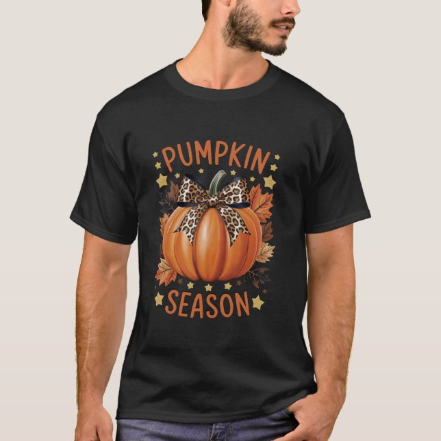 Coquette Bow Leopard Pumpkin Season Fall Autumn T-Shirt (Front)