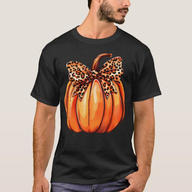Coquette Bow Leopard Pumpkin Thanksgiving Rustic F T-Shirt (Front)