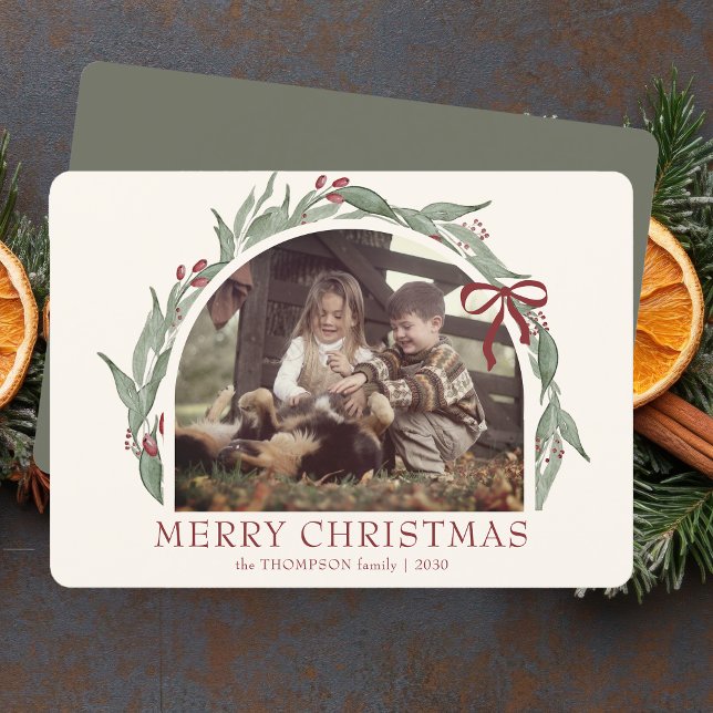 Coquette Bow Merry Christmas Personalized Photo Holiday Card (Creator Uploaded)