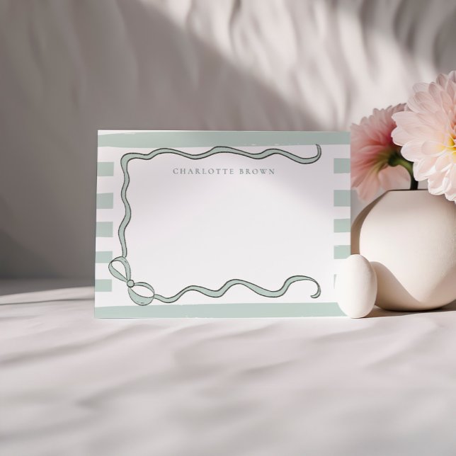 Coquette Bow & Mint Green Stripes Personalized Note Card (Creator Uploaded)