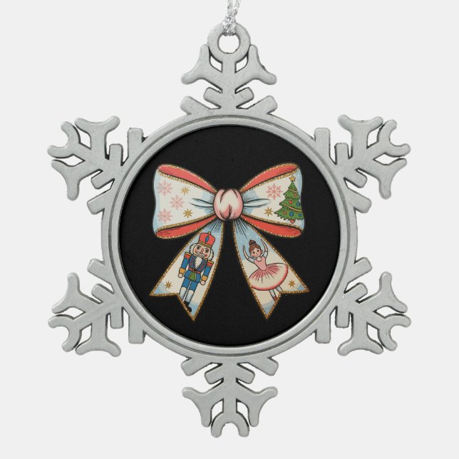 Coquette Bow Nutcracker Christmas Family Holiday Snowflake Pewter Christmas Ornament (Front)