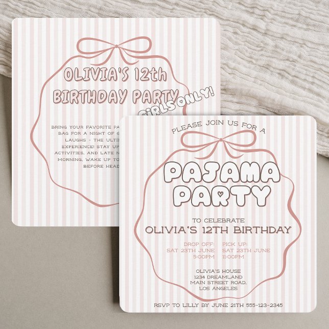 Coquette bow pajama party pink stripes birthday invitation (Creator Uploaded)