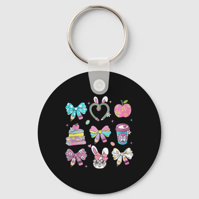 Coquette Bow Pencil Bunny Rabbit Teacher Happy Eas Keychain (Front)
