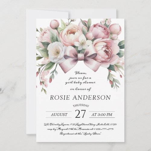 Coquette Bow & Peony Watercolor Baby Shower Invitation