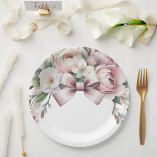 Coquette Bow & Peony Watercolor Baby Shower Paper Plates