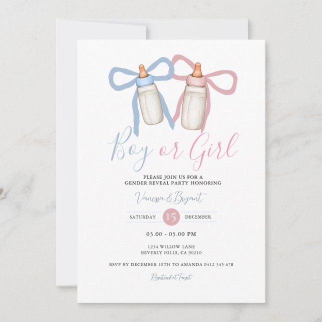 Coquette Bow Pink Blue Ribbon Gender Reveal Invitation (Front)