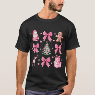 Coquette Bow Pink Christmas Tree Santa Gingerbread T-Shirt