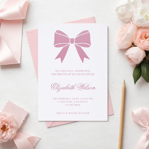 Coquette Bow Pink Girl Birth Announcement