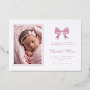 Coquette Bow Pink Girl Photo Birth Announcement