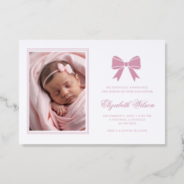 Coquette Bow Pink Girl Photo Birth Announcement (Front)