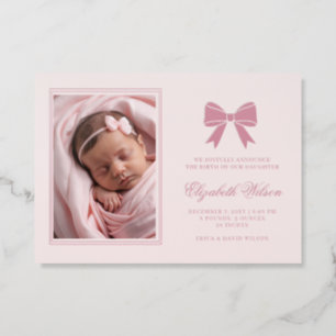 Coquette Bow Pink Girl Photo Birth Announcement