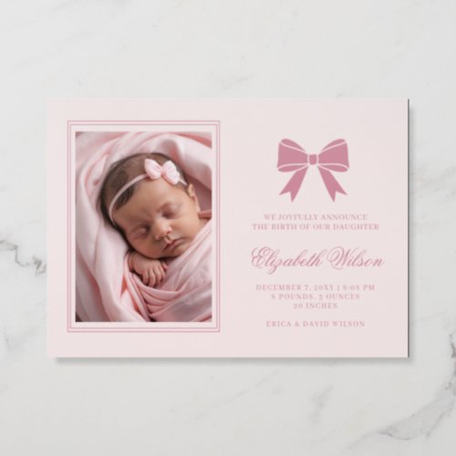 Coquette Bow Pink Girl Photo Birth Announcement