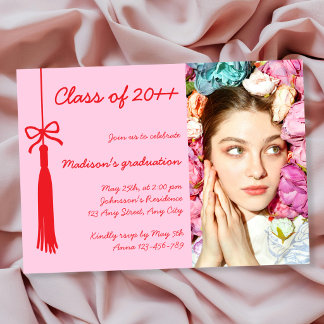 Coquette Bow Pink Red Elegan Photo 2026 Graduation Invitation