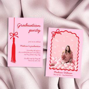 Coquette Bow Pink & Red Grad Photo 2026 Graduation Invitation