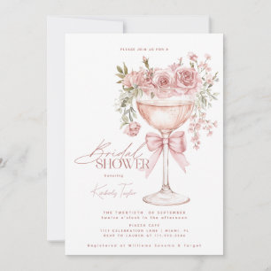 Coquette Bow Pink Roses Prosecco Bridal Shower Invitation