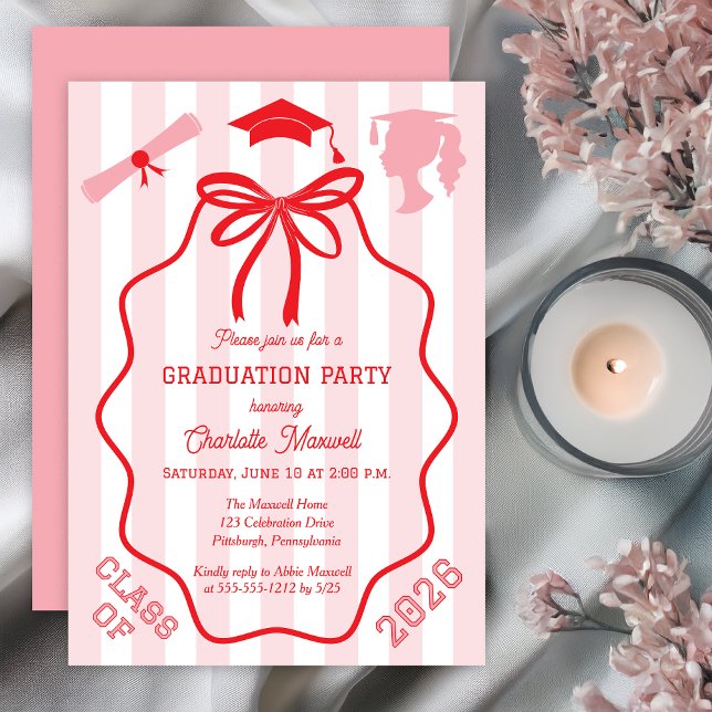 Coquette Bow | Pink Stripes Graduation Party Invitation (Pink Striped Graduation Party Invitation with Coquette Red Bow, Cap, and Diploma Icons Print Digital)