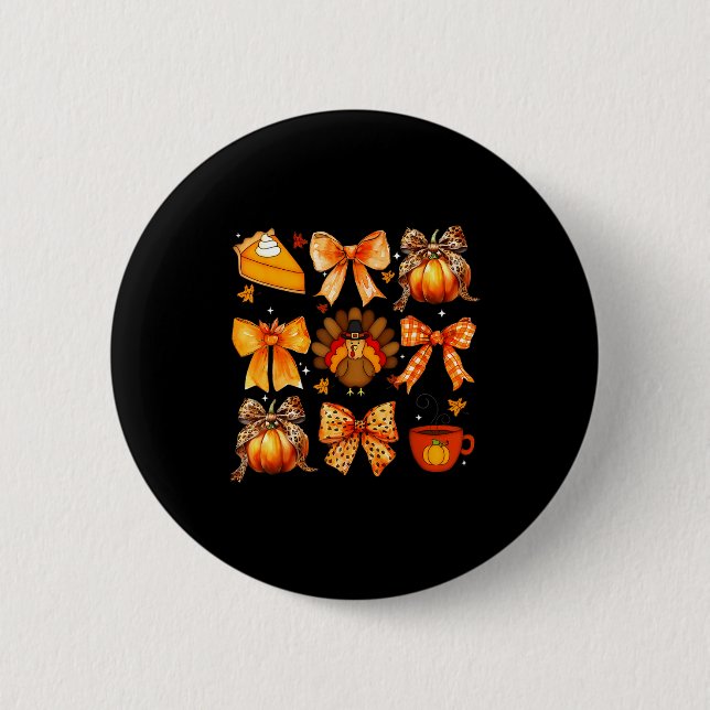 Coquette Bow Pumpkin Season Thanksgiving Autumn Fa Button (Front)