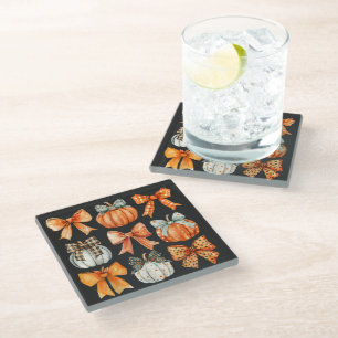 Coquette Bow Pumpkin Season Thanksgiving Autumn Glass Coaster
